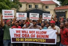 Edo Youths Protest at Obaseki Family House Over Alleged Disrespect to Oba of Benin